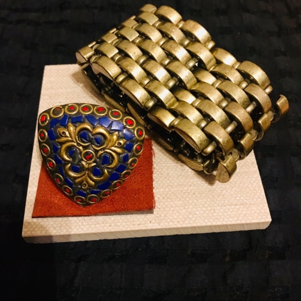 Vintage Mosaic Gold Adjustable Ring & Bracelet Set